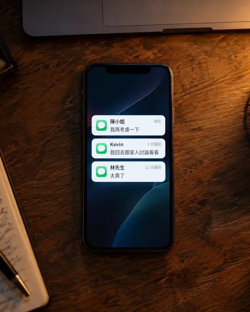 深夜的書桌上，手機接連跳出客戶訊息：我再考慮一下、我回去跟家人討論看看、太貴了