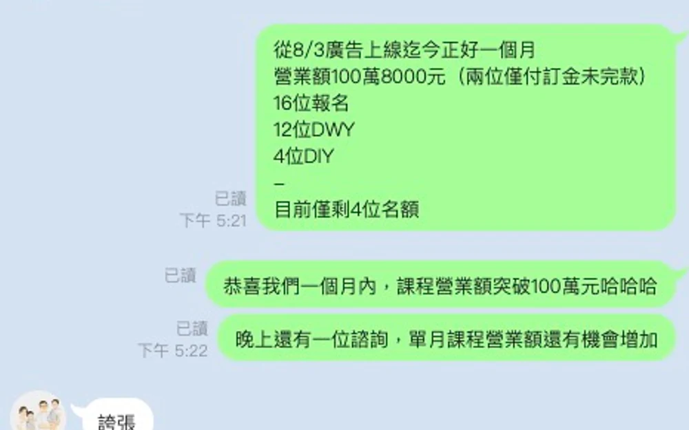 Henk（空間攝影講師）與韓森團隊的對話截圖，提到一個月成交 128 萬，上限 20 人的實體課。